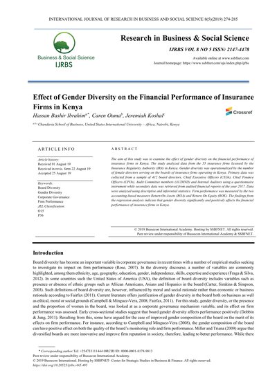 Effect of Gender Diversity on the Financial Performance of Insurance Firms in Kenya